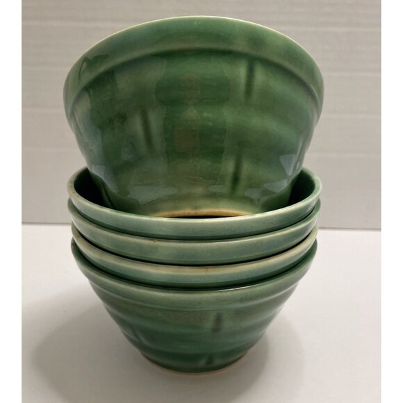 5 Vintage Small Green Bowls 1940s 4.75" Diameter Basketweave Design -EUC for age - Picture 1 of 5